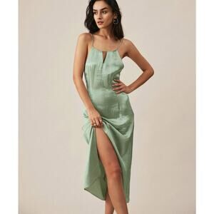 NWT Rihoas Premium Satin Mint Green Halter Maxi Side Slit Dress Sz M